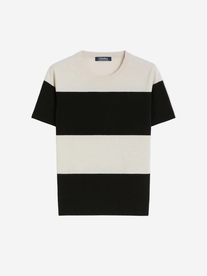 Black and white striped t-shirt on a light gray background