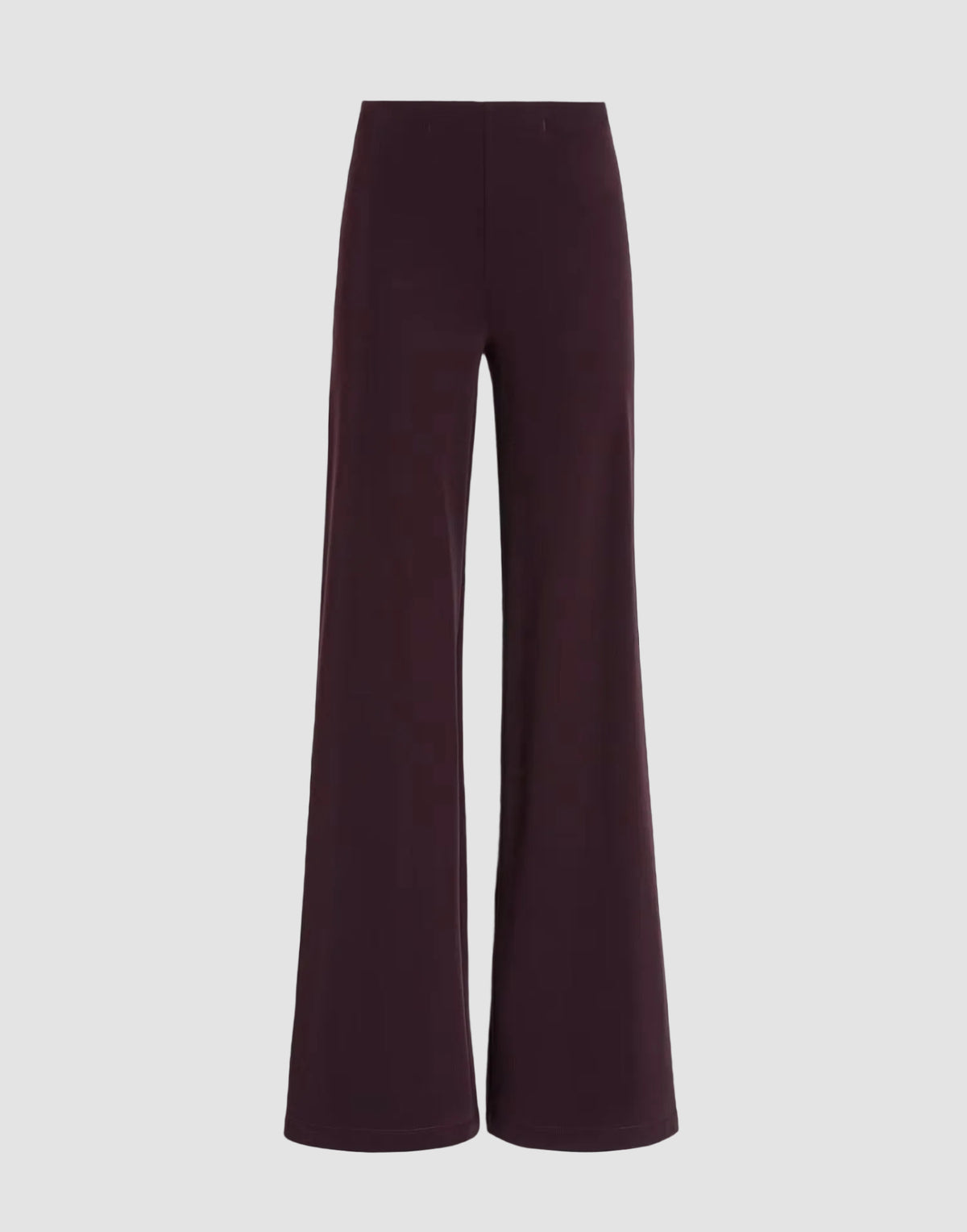 A pair of wide-leg trousers in a deep plum purple color, displayed against a solid black background.