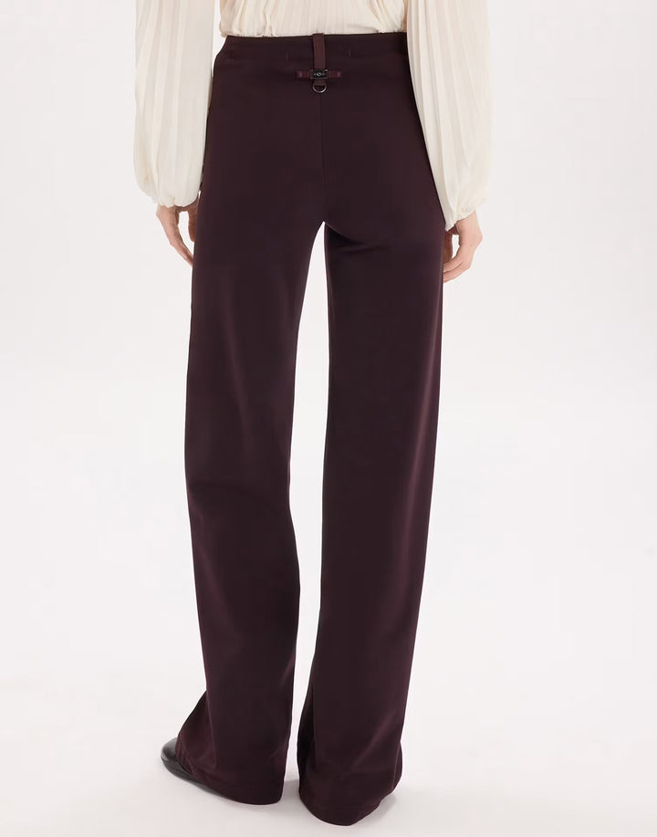 A person shown from the back wearing dark plum wide-leg trousers and a cream blouse against a plain white studio background.
