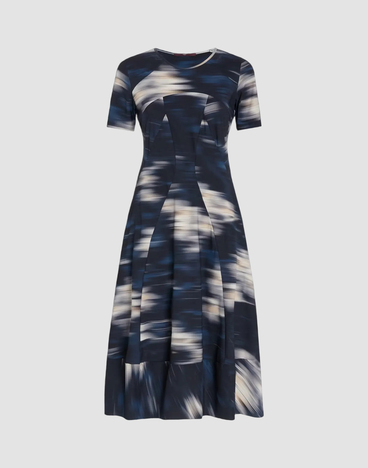 A short-sleeve midi dress with a blue, gray, and white abstract leaf-like print, shown against a solid black background.
