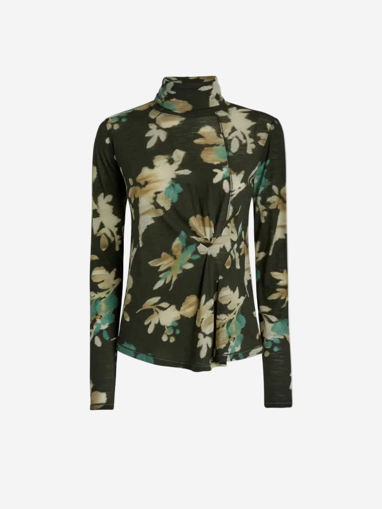 Floral patterned long-sleeve top on a white background