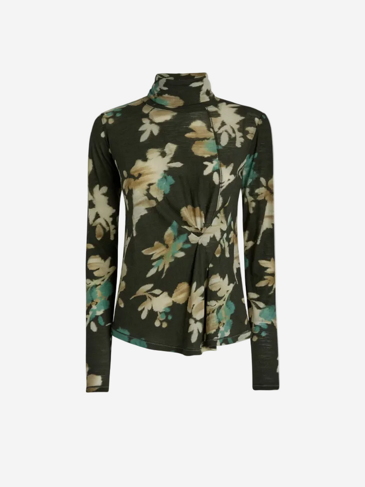 Floral patterned long-sleeve top on a white background