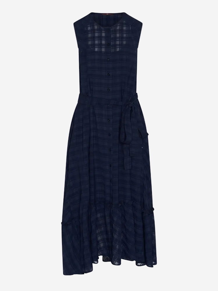 A dark blue, sleeveless, button-thru front, self-fabric tie belt, semi-sheer tech chiffon seersucker dress with inseam side pockets and a ruffle top edge at the hem.