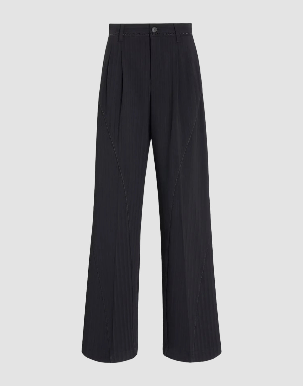 Dark charcoal gray pleated wide-leg trousers shown flat against a solid black background.