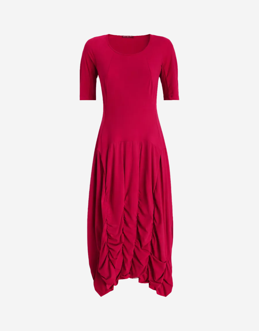 Red dress with a ruched skirt on a white background
