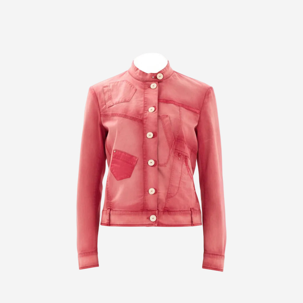 Pink jacket with button details on a white background