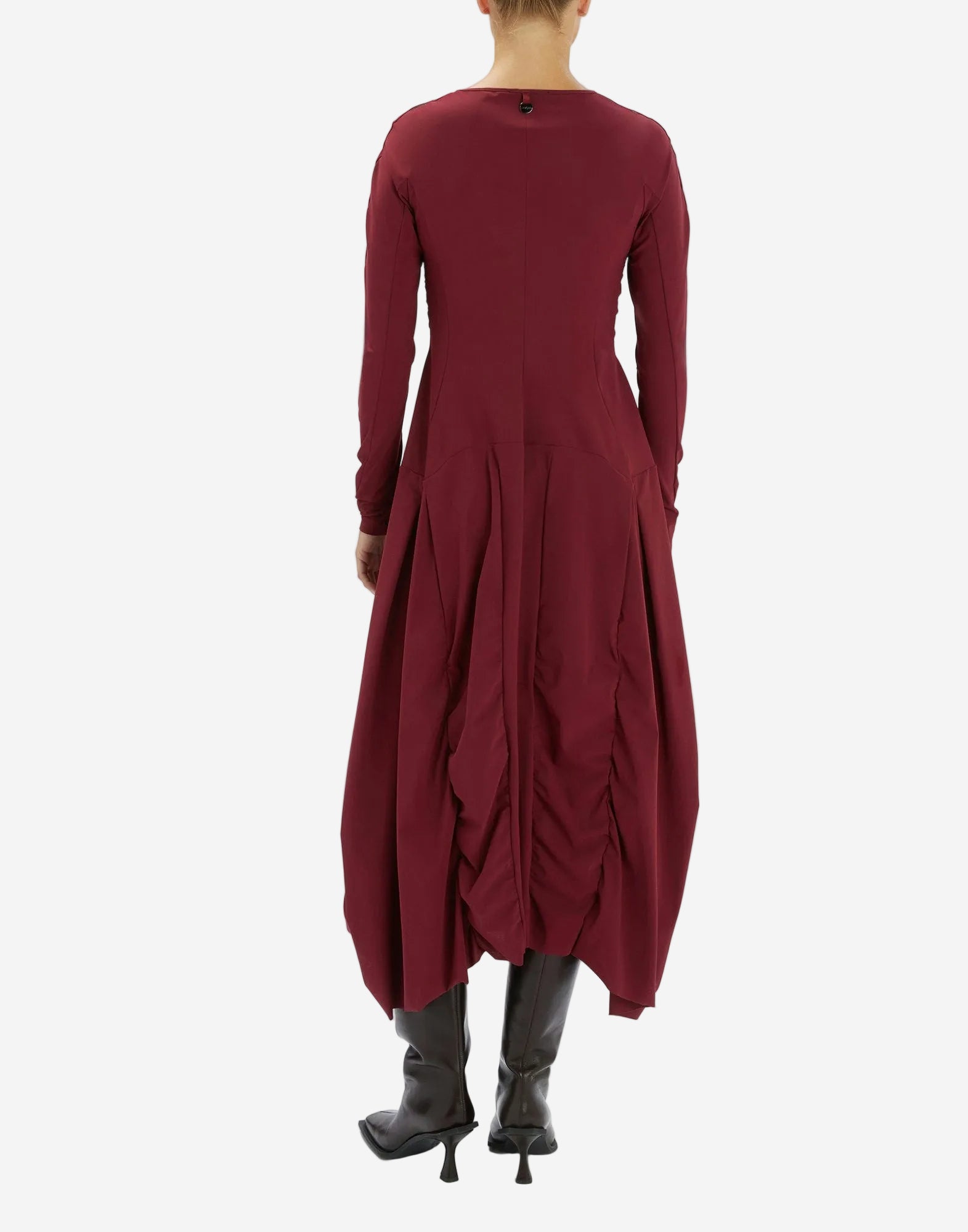 Maroon long-sleeve dress with a unique cutout design on a white background