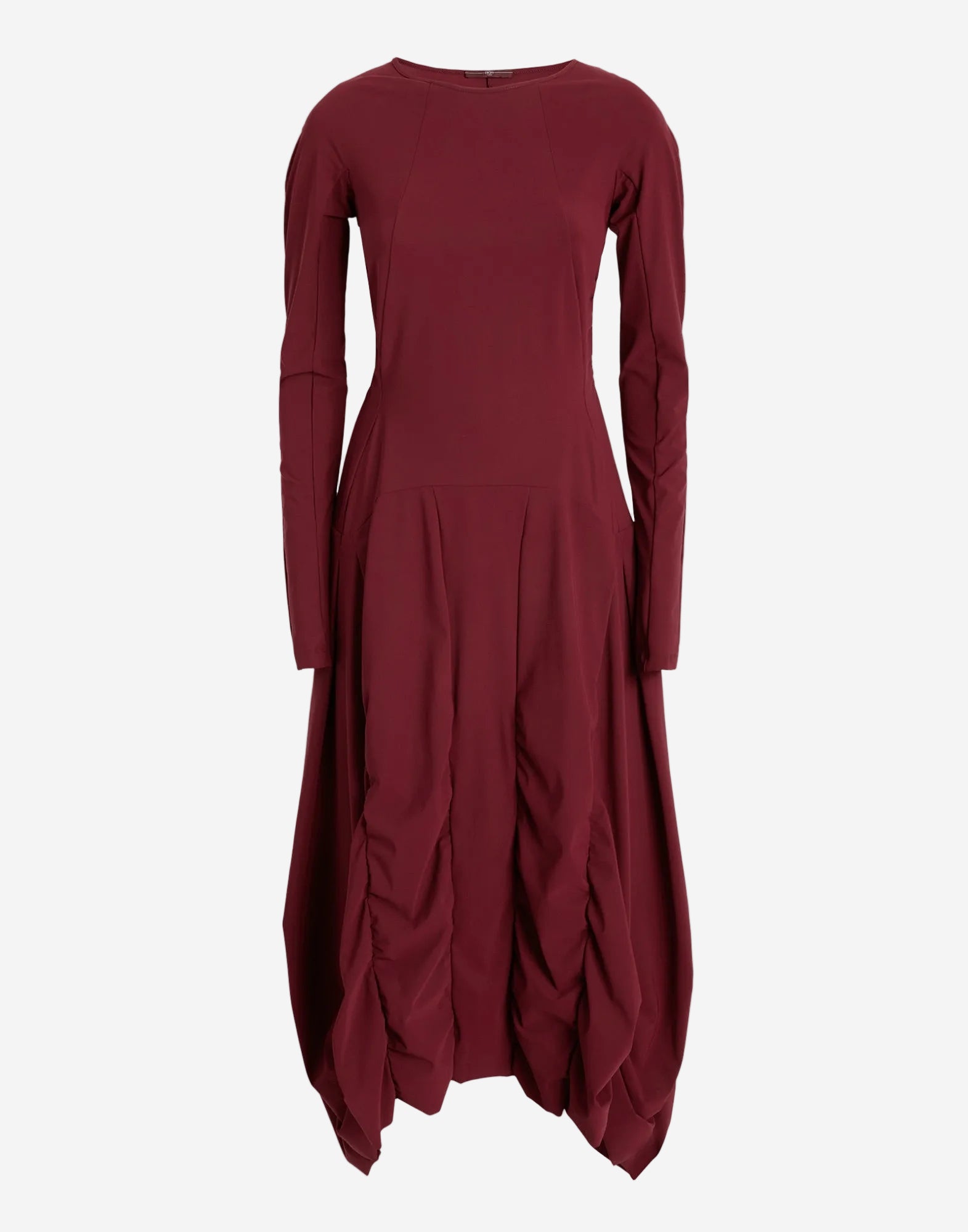 Maroon dress with long sleeves and a draped skirt on a white background