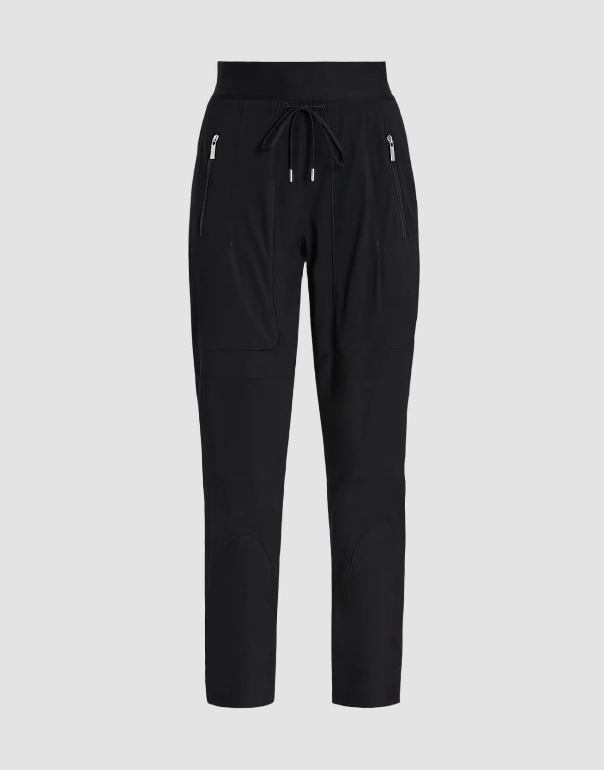 Black drawstring pants with zippered side pockets, shown flat against a solid black background.