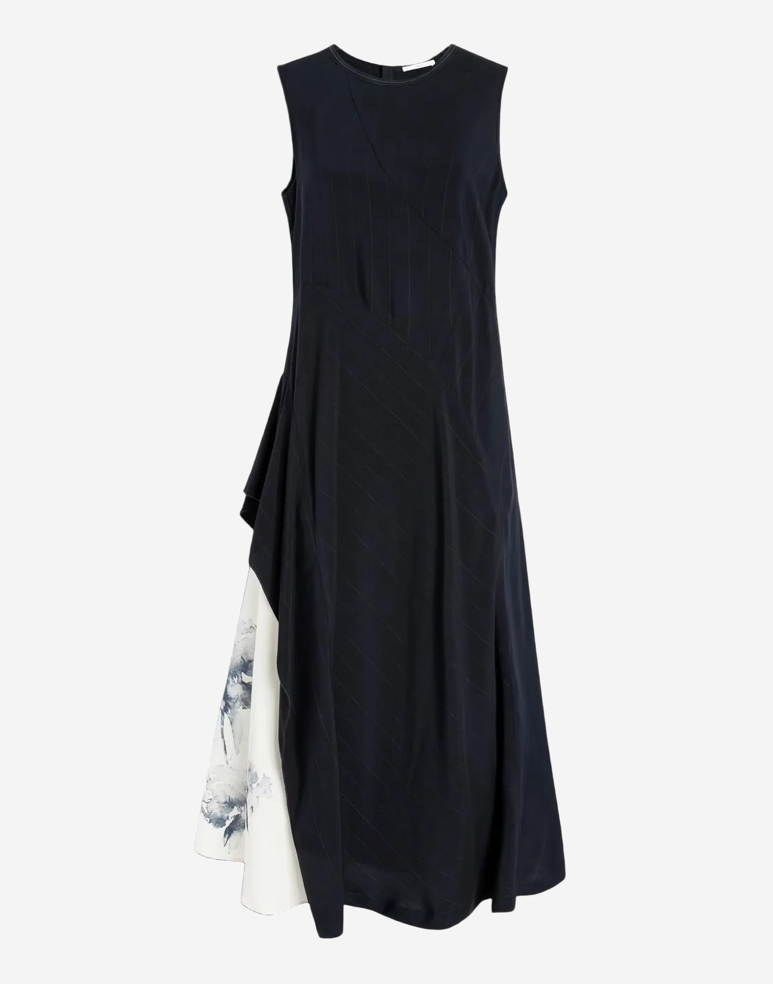 Black sleeveless dress with a white floral pattern at the hem on a transparent background