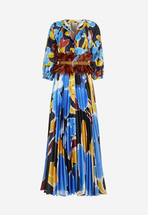 Colorful patterned dress with a belt on a white background