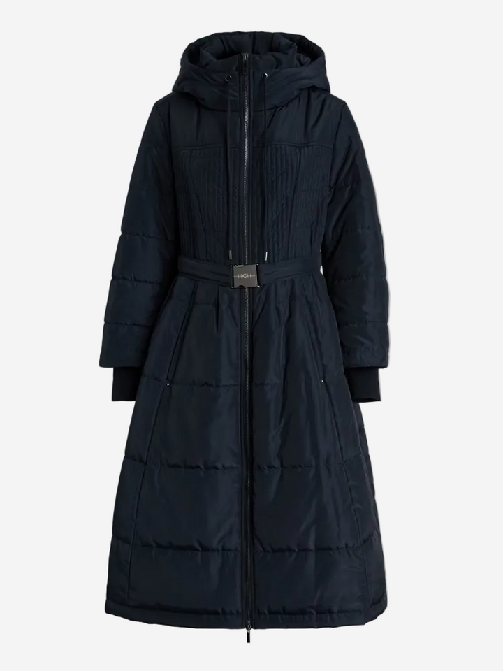 Black puffer coat with a hood on a white background