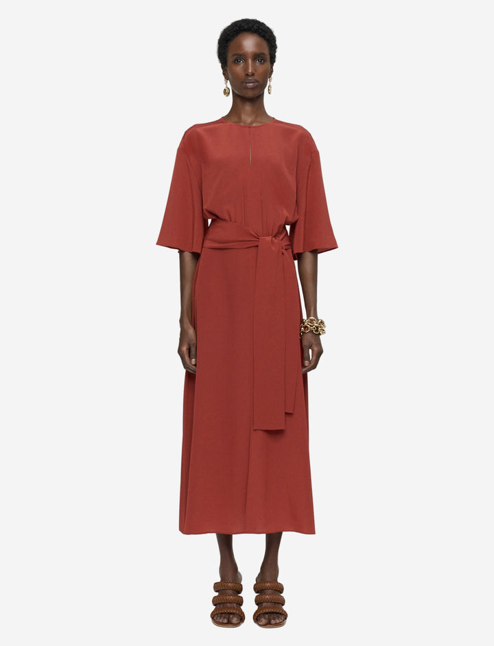 Woman wearing a rust-colored dress on a light gray background