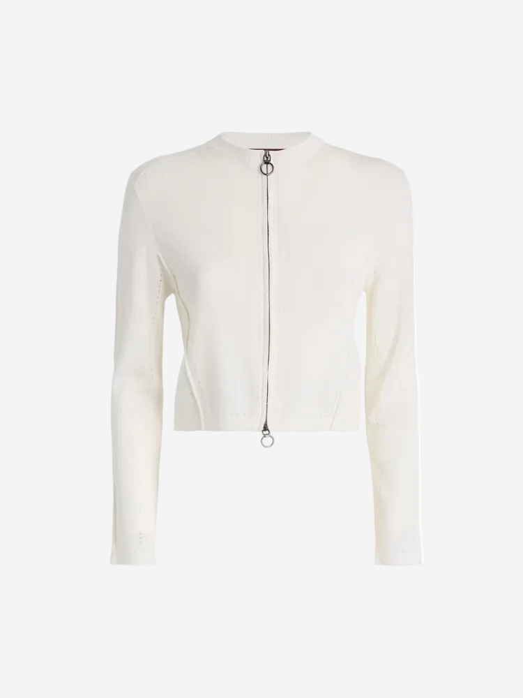 White cropped jacket with a zipper on a white background
