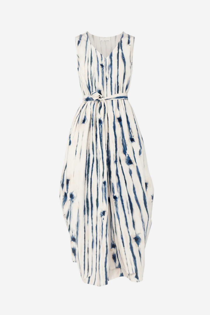 Sleeveless dress with blue and white tie-dye pattern on a white background
