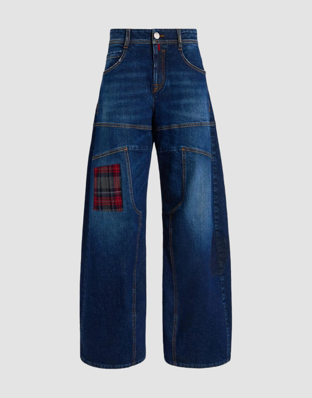 HIGH Snowdrift wide-leg jeans in navy Italian denim with red tartan patch, product shot