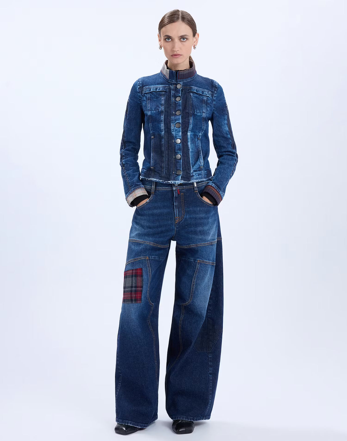 HIGH Snowdrift wide-leg palazzo jeans with tartan patch, styled with the HIGH Tactical denim jacket at Christensen Copenhagen Sydney