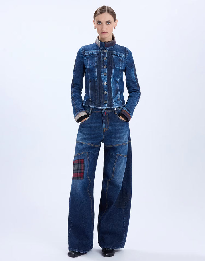 HIGH Snowdrift wide-leg palazzo jeans with tartan patch, styled with the HIGH Tactical denim jacket at Christensen Copenhagen Sydney