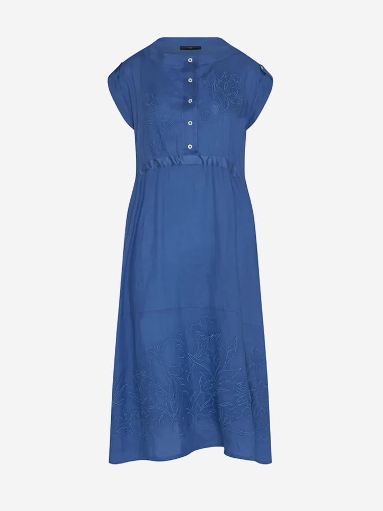 A full-length photograph of a cerulean blue dress with cap sleeves, a button placket, and floral embroidery on the skirt.