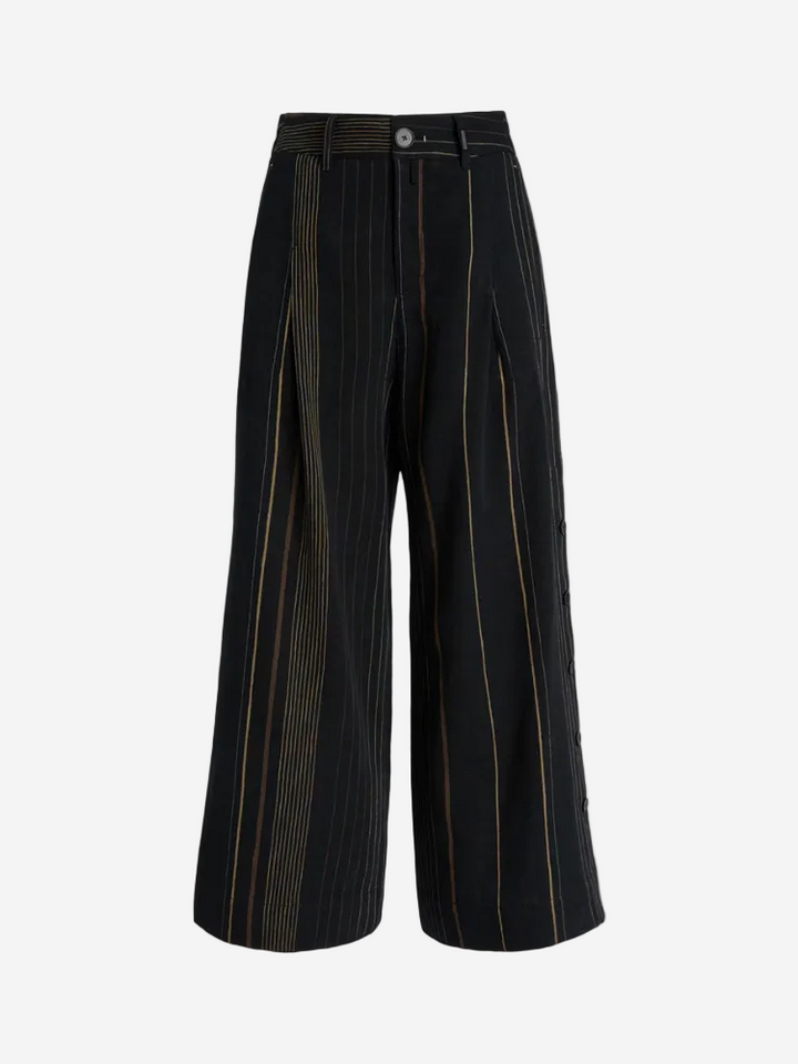 Black wide-leg pants with gold stripes on a white background
