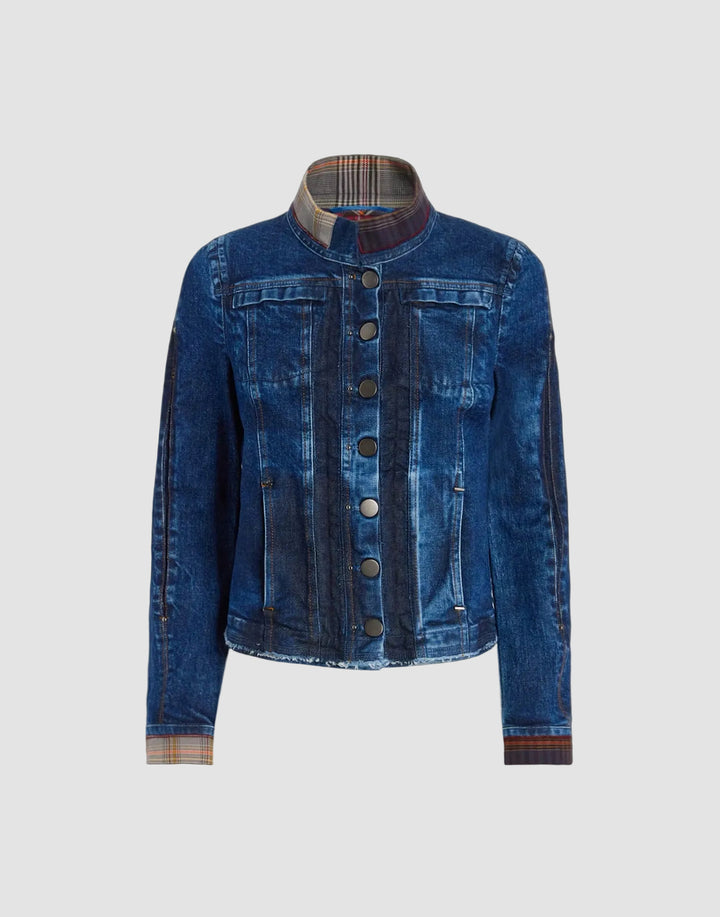 A blue denim jacket with a unique plaid collar and cuffs, featuring vertical button details on the front, shown against a solid black background.