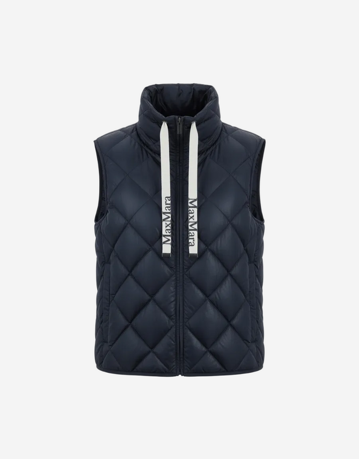 Black quilted vest with white drawstrings on a white background