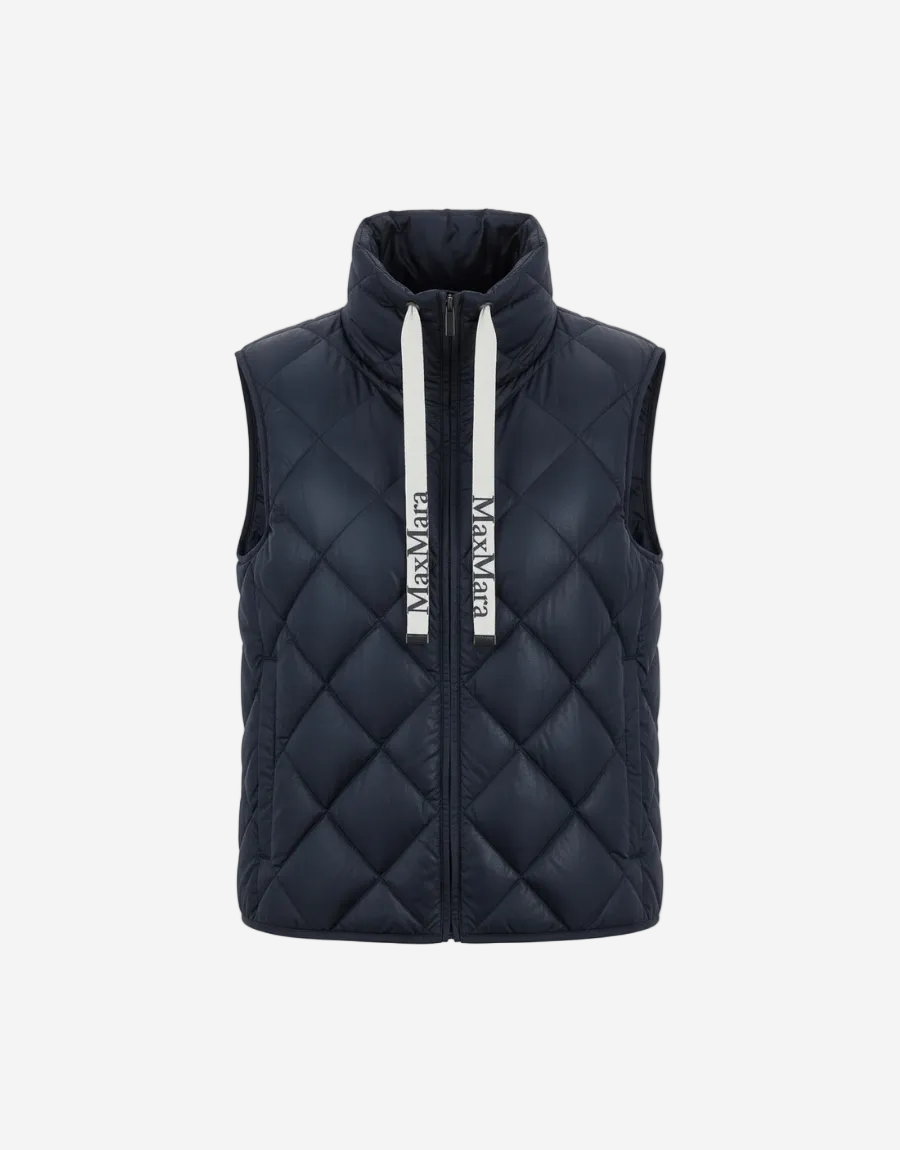 Black quilted vest with white drawstrings on a white background