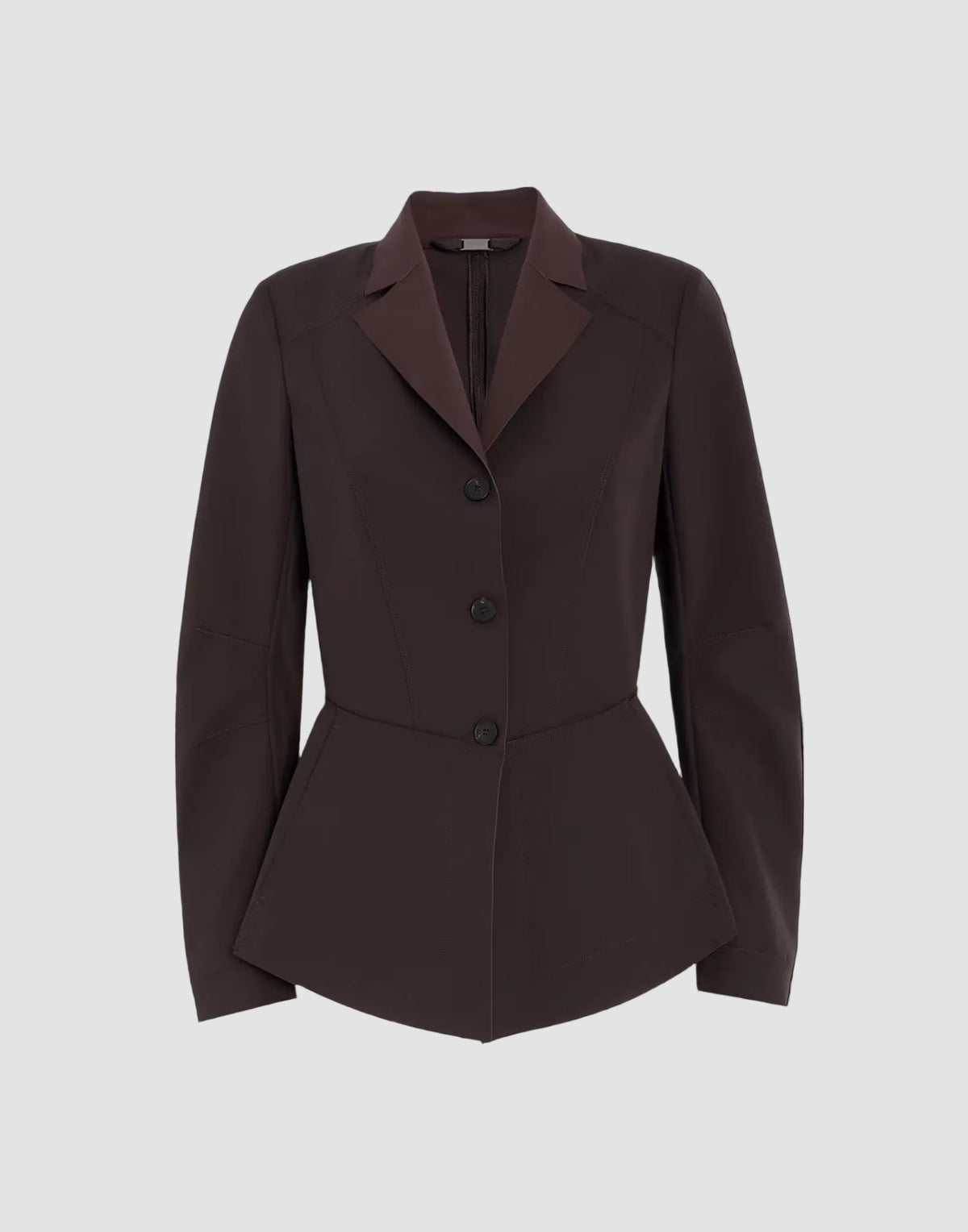 A dark brown tailored blazer with a structured collar, three front buttons, and a peplum waist seam, shown against a solid black background.