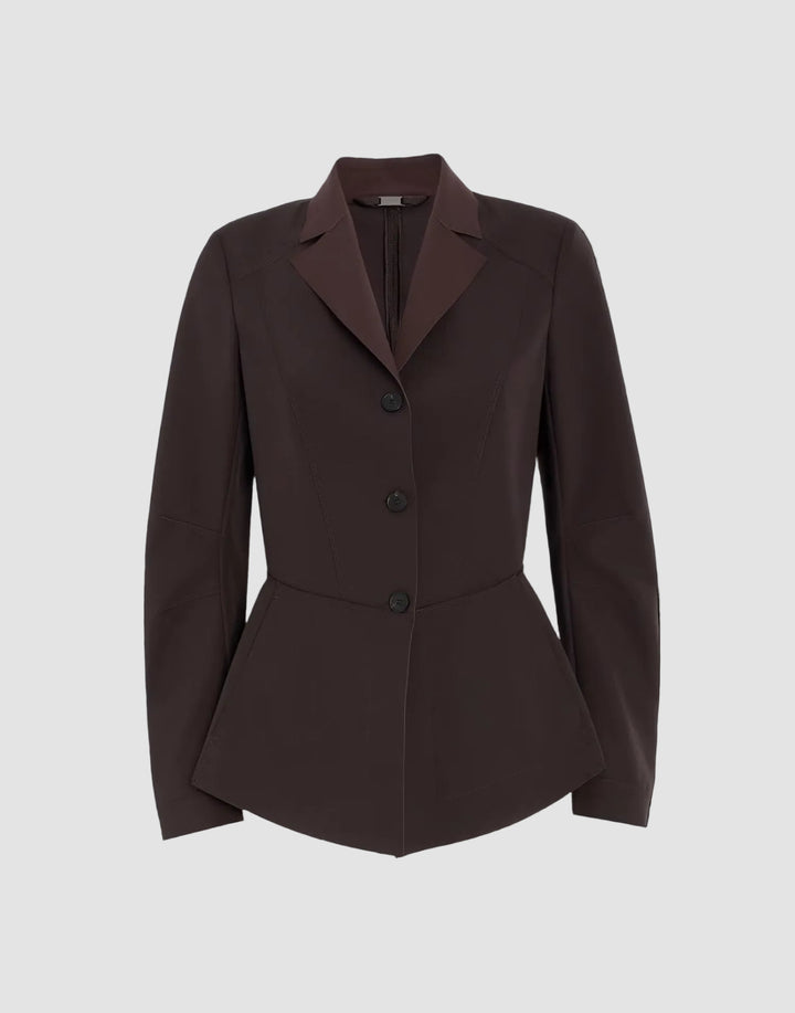 A dark brown tailored blazer with a structured collar, three front buttons, and a peplum waist seam, shown against a solid black background.