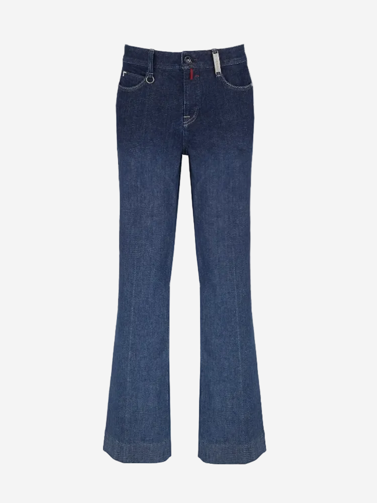 A pair of straight-cut wake-up denim pants with a slight flare at the hem, featuring a front zip fly, metal zipper, and five pockets with visible stitching.