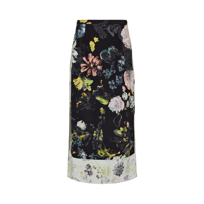 Floral Silk Crepe de Chine Skirt in Black/Aquatic